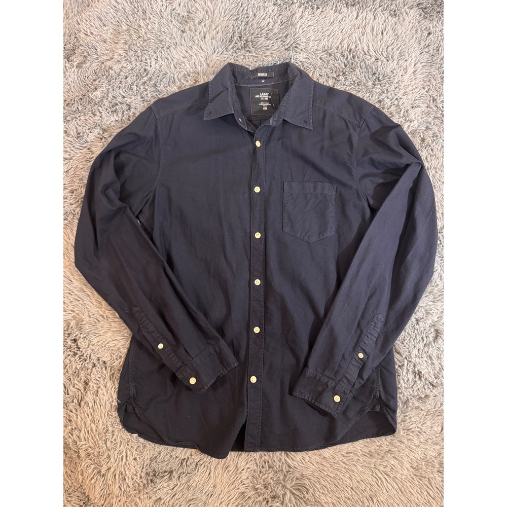 HM LOGG Mens Navy Blue Cotton Button Down Shirt Regular Fit Long Sleeve Medium